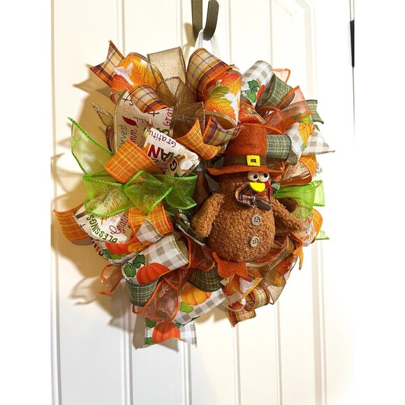 13 inch Ribbon Wreath Fall Autumn Thanksgiving Turkey MW7 - Picture 3 of 8